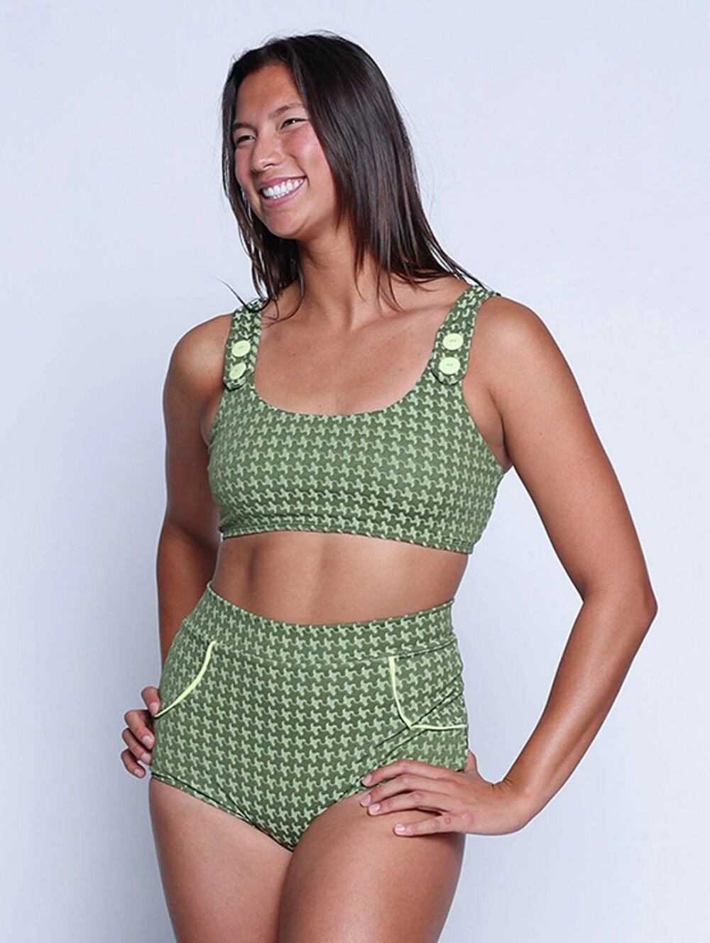 Seea Houndstooth Two-Piece Swim Set Bikini High Waisted Green Shamrock Georgia